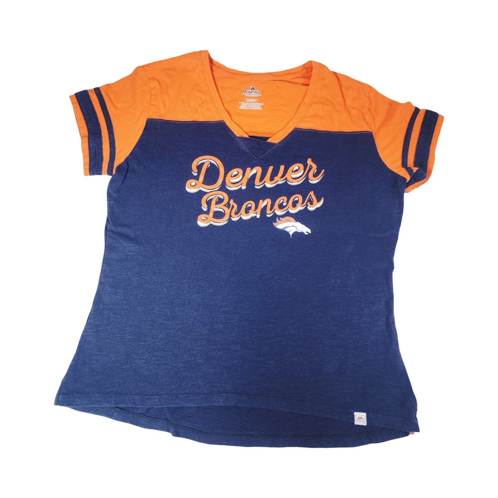 Majestic Denver Broncos Womens XL Navy Blue Orange V-Neck Graphic T-Shirt NFL